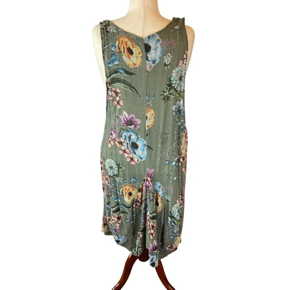 Summer Dress Sleeveless Floral Print Midi Green Handkerchief hem Fairy - Picture 3 of 3